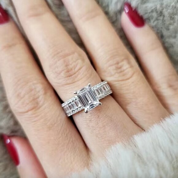14k White Gold Diamond Ring Baguette & Emerald Cut Ring Band - Picture 3 of 10